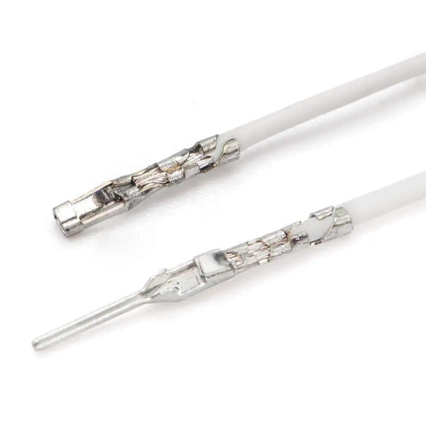 Close view of crimp pins from the Crazy Versatile 1550 Pieces Dupont Connector Kit With 2.54mm Pitch Includes Pin Headers Crimp Pins And Jumper Wires.
