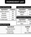 Front view of red mini first aid kit with ingredient list: burn gel dressing, antiseptic pad, povidone-iodine prep pad, sting relief pad.