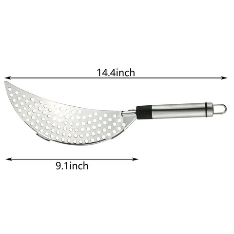 Stainless Steel Crescent Pot Strainer Handheld Pasta Drainer For Spaghetti And Macaroni Fits Most Pots And Pans Quick Easy Drain No Mess Kitchen Utensil, 14.4 inch
