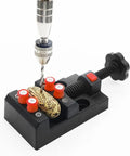 Compact Bench Vise Clamp With Handy Ergonomic Handle And Precision Mechanism, Flat Opening For Watch Repair, Jewelry Making, Sculpture And DIY Projects, Locking System, Small Vise Tool For Crafts And Electronics; black bench vise holding small part