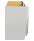 Slick Pure White Shaker Bathroom Vanity Cabinet Featuring Buttery Smooth Soft Close Doors, side view showcasing interior and finish.