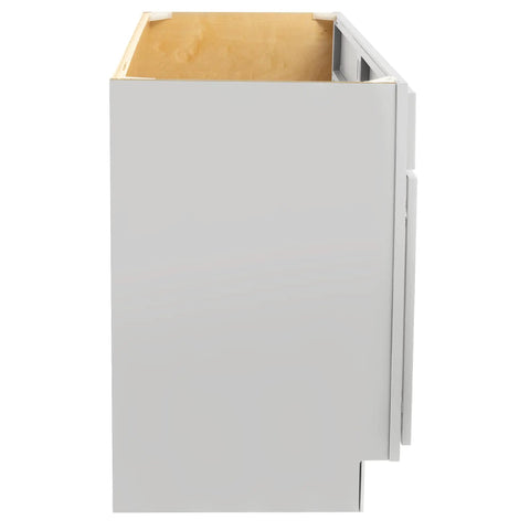 Slick Pure White Shaker Bathroom Vanity Cabinet Featuring Buttery Smooth Soft Close Doors, side view showcasing interior and finish.