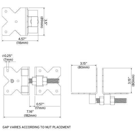 Heavy Duty Stainless Steel Gate Hinge And Latch Kit With Marine Grade Black Powder Coating dimensions drawing showing precise measurements.