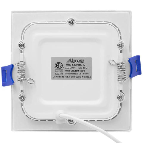 Back view of Square Ultra Thin Canless 4 Inch Recessed LED Downlights, 12 Pack, 750 Lumen, showing label and attachment springs