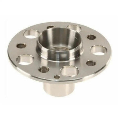 Wheel Hub And Bearing Set Assembly For Front Left Or Right Wheels Driver Or Passenger Side Beefed Up Replacement Kit With Durable Bearings Direct Fit For Various Vehicles, showcasing a metal wheel hub with bolt holes, side angle view.