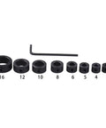 8-Piece Drill Stop Collar Kit Inch Sizes 1/8 To 5/8 With Allen Wrench for precise hole depth control, black steel collars with hex tool.