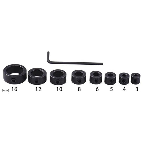8-Piece Drill Stop Collar Kit Inch Sizes 1/8 To 5/8 With Allen Wrench for precise hole depth control, black steel collars with hex tool.