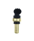 Coolant temperature sensor, front view, brass body with black 2-pin connector