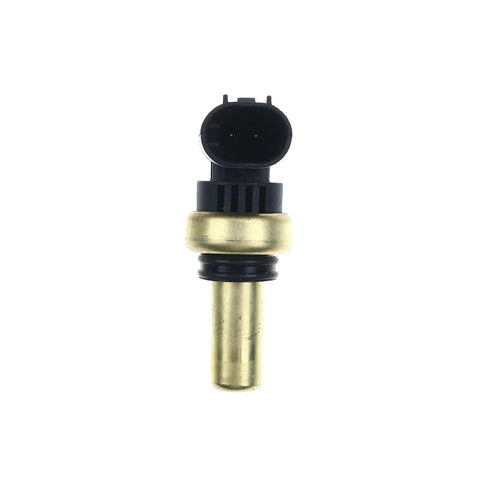 Coolant temperature sensor, front view, brass body with black 2-pin connector