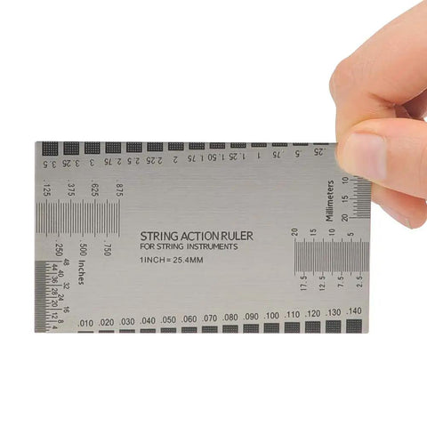 Guitar And Bass Setup Pro Tool Kit With 32 Blade Stainless Feeler Gauge String Action Ruler showing metric and imperial markings.