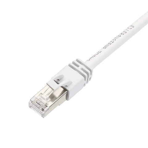 Close-up of Cat7 Ethernet Patch Cable RJ45 Double Shielded 10Gbps Speed 600MHz Bandwidth 10 Foot White Network Connector for Home and Office LAN