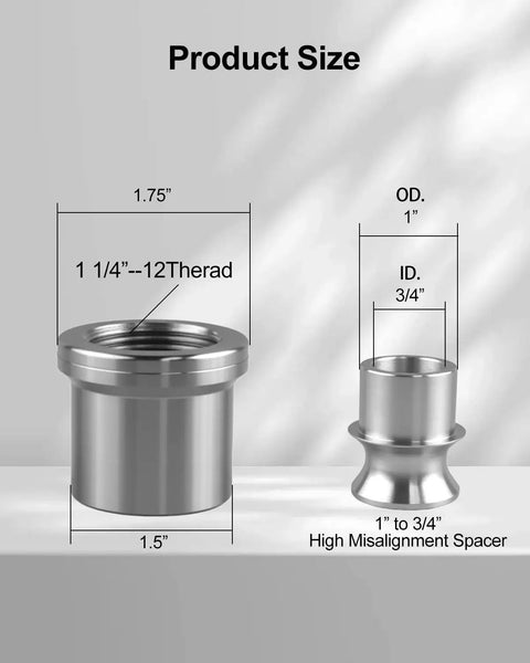 Heavy Duty 1.25 Inch Chromoly Heim Joint Rod End Kit With Right And Left Hand Threads Built Tough For Panhard Bars and Steering Linkage Upgrades Quick Drop On Solution product size image with dimensions displayed in inches.