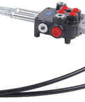 Hydraulic control valve kit with two-spool valve and cable remote joystick; black handheld controller with two hoses.