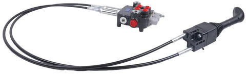 Hydraulic control valve kit with two-spool valve and cable remote joystick; black handheld controller with two hoses.