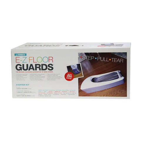 Packaging of EZ Floor Guard Starter Kit with Heavy Duty 2.45 Mil Film for disposable shoe covers, showing box design and branding.