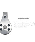 Two Pack 316 Stainless Steel Pulley Set With Nylon Wheels, heavy duty cable roller, highlighting material and dimensions