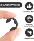 Close-up of a manganese steel E clip from the 120 Pcs E Clips Assortment Set Heat Treated External Retaining Clips Manganese Steel Snap Rings Kit With 10 Sizes For Bearings Gears Pulleys And Axles Heavy Duty Maintenance held between fingers.