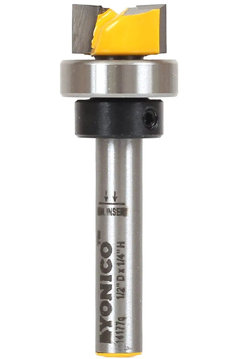 Kickass Flush Trim Router Bit For Ridiculously Clean Cuts With Half Inch Diameter Quarter Inch Shank Five Eighth Bearing And Premium Carbide Tips, showing carbide tip design.