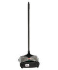 Rear view of heavy duty dustpan with long handle and pivoting pan for easy debris dumping in lobby restaurant office and home use