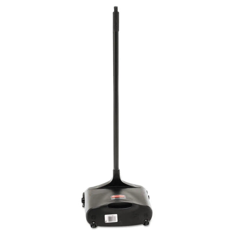 Rear view of heavy duty dustpan with long handle and pivoting pan for easy debris dumping in lobby restaurant office and home use