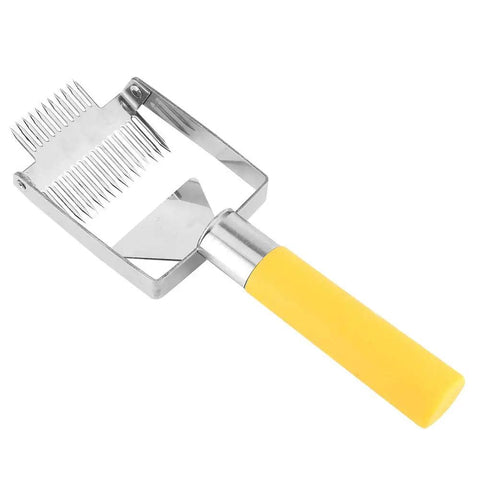Stainless Steel Beehive Knife Scraper and Honey Uncapping Fork for Beekeeping Equipment with yellow handle.