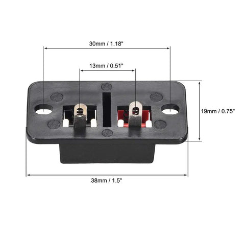 Two Way Spring Speaker Terminal Clips Push Release Connector Block For Audio Wiring, 2 Pin 2 Positions, dimensions labeled