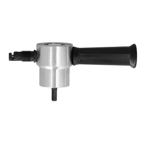 High Speed Steel Double Head Metal Cutter Drill Attachment For Circle And Curve Sheet Nibbling Works With Electric Drills At 1500 To 3000rpm side view showcasing the handle and connector.