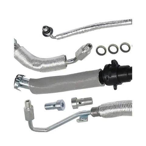 Premium Engine Oil Return And Supply Line Kit For Smooth Lube Flow Durable Materials Keeps Your Ride Running Sick With No Clogs Or Leaks. Engine oil line kit with braided hoses, metal fittings, and O-rings on white background