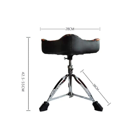 Road Ready Foldable Drum Throne With Chrome Motorcycle Style Base, quick set height lever, waterproof padded seat, shown from the back.