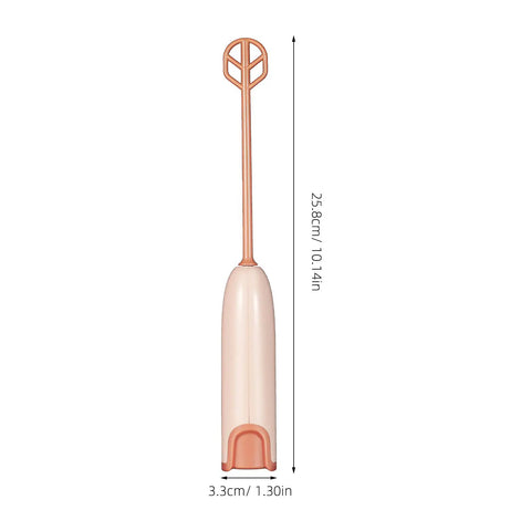 Handheld Electric Baby Formula Mixer With 2 Stirring Sticks Portable Milk Powder Mixer front view, beige and peach color, 10.14in tall