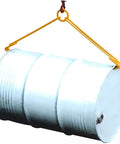 Heavy Duty Vertical Drum Clamp Lifter For Steel Plastic Barrels Up To 1200 Lbs Capacity lifting a steel drum with yellow hooks.