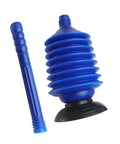 Heavy Hitter Two Piece Toilet Plunger Set With Grippy Handle To Kick Loose Stubborn Sink Clogs Using Rapid Air Surge For Smooth Bathroom Drain Clearing Zero Sweat Days, featuring a blue rubber plunger and a handle.