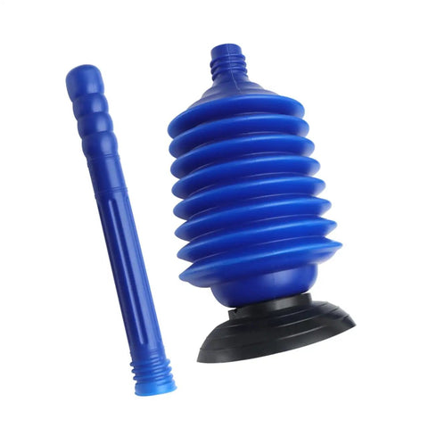 Heavy Hitter Two Piece Toilet Plunger Set With Grippy Handle To Kick Loose Stubborn Sink Clogs Using Rapid Air Surge For Smooth Bathroom Drain Clearing Zero Sweat Days, featuring a blue rubber plunger and a handle.