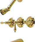 Victorian Triple Handle Tub And Shower Faucet KB237AL In Brushed Brass with wall mount, visible showerhead and spout.