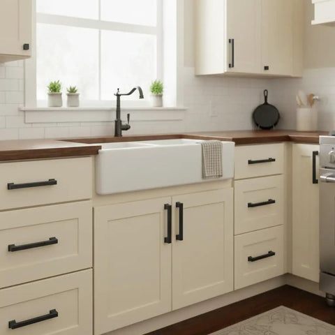 Kitchen view featuring Rock Solid Matte Black Cabinet Pulls And Drawer Handles 5 Inch 10 Pack on cream cabinets with a sink.