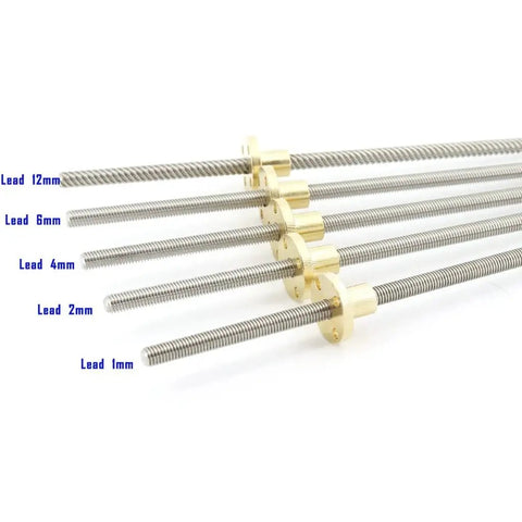 304 Stainless Steel T6 Lead Screw With Brass Nut, Trapezoidal Spindle, Length 150mm, showing 1mm to 12mm lead options