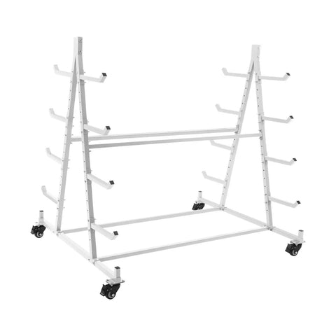 Rock Solid Workhorse Heavy Duty 5 Tier Horizontal Storage Rack With Smooth Rolling Wheels Rust Resistant Steel Frame side view with pipes stored.