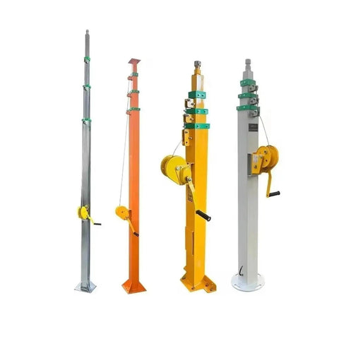 Heavy Hitter Hand Cranked Lifting Mast With Flexible Adjustable Height Telescopic Elevated Work Platform Built Tough For Construction Crews And Camera Antenna Lighting Rig Mounting, showcasing various colored masts.
