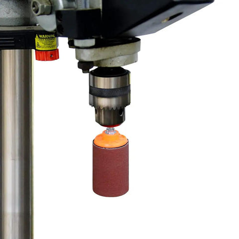 Game Changing Two By Three Inch Sanding Drum Kit For Drill Press And Hand Tools Cut To Size Sheet Abrasive For Fast Track Woodworking and Knockout Contour Sanding Results mounted on drill press.