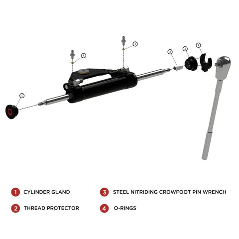 Exploded view of DIY Friendly Hydraulic Cylinder Seal Kit With Pin Wrench For Outboard Hydraulic Steering System Replacement.