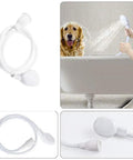 Portable Sink Spray Hose With Faucet Sprayer Handheld Shower Head For Bathing Babies And Pets Hair Washing And Rinsing Vegetables 43 Inch Long Durable Plastic Hose Easy Clamp Mount shown with dog being bathed and close-up images.