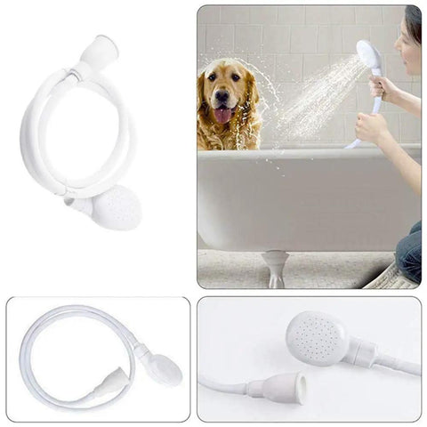 Portable Sink Spray Hose With Faucet Sprayer Handheld Shower Head For Bathing Babies And Pets Hair Washing And Rinsing Vegetables 43 Inch Long Durable Plastic Hose Easy Clamp Mount shown with dog being bathed and close-up images.