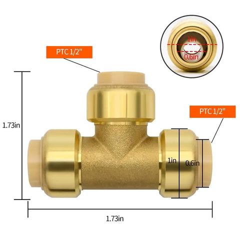 Six Pack 1/2 Inch Push Fit Tee Fittings With Disconnect Clip For Copper PEX CPVC Pipes Easy DIY Kit front view