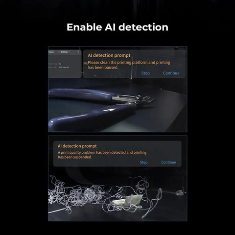 Display of AI Camera For 3D Printing With Real Time Monitoring, Time Lapse Filming, AI Detection showing error prompts on screen.