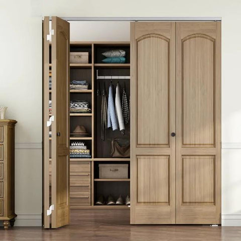 72 Inch Bifold Door Hardware Kit For 4 Doors With 18 Inch Panels Top Mounted Folding Sliding Barn Door Hardware Featuring 3 Wheel Hangers And Ball Bearing Rollers Supports Up To 300 Lbs Total Ideal For Bedroom Bathroom Closet Living Room installed on wooden closet doors.