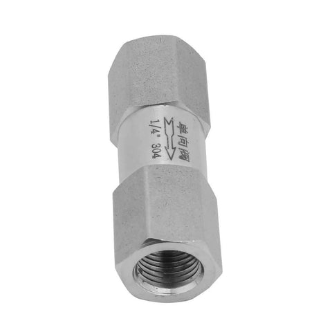 Stainless steel air check valve with 1/4 inch female thread, hex body, one-way valve.