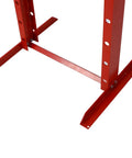 Heavy Duty 20 Ton H Frame Hydraulic Shop Press With Adjustable Height And Dual Guide Rods Crafted For Smooth Operation And Easy Garage Rig Up For Any Auto Repair Job In Bold Red base structure with dual guide rod holes.