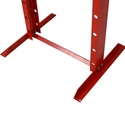 Heavy Duty 20 Ton H Frame Hydraulic Shop Press With Adjustable Height And Dual Guide Rods Crafted For Smooth Operation And Easy Garage Rig Up For Any Auto Repair Job In Bold Red base structure with dual guide rod holes.