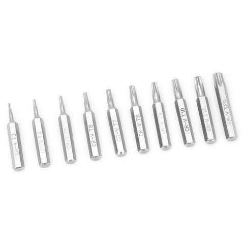 Pro Heavy Duty Precision Screwdriver Bit Set 10 Piece CRV Steel Star Tips For Phone Repair Electronics Maintenance Compact Fix Tools Kit, shown from above.