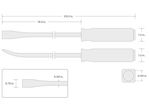Dimensions diagram of 25 Inch Angled Tip Pry Bar With Striking Cap And Textured Non Slip Handle For Heavy Duty Prying And Lifting In Tight Spaces High Leverage Tool Built Tough For Pro Grade Jobs.